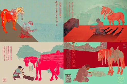 static poster for "impressions of dege" design competition, theme: gesar epic - juvenile awakening, core elements: young joru (gesar's childhood name) kneeling by dege scripture printing house's red wall, picking up an ancient armor fragment (with woodblock tibetan script from dege's gesar woodcarvings, referencing dege museum collections), red horse with prayer flag streamers standing beside him, background: faint silhouette of qie'er mountain (dege's sacred mountain), color palette: cinnabar red (cmyk c0 m100 y100 k0) + turquoise green (rgb 0,204,204) + aged gold (hex #d4af37), texture: low-transparency tibetan paper fiber background + woodcarving knife marks on armor, composition: diagonal layout (joru at lower left, red horse at upper right), size 100cm×70cm, 300dpi, rgb mode, jpg, minimalist yet emotional, ultra-clear details of armor and prayer flags