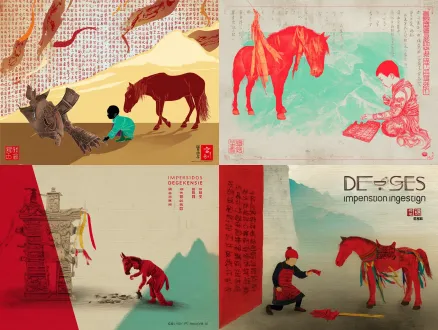 static poster for "impressions of dege" design competition, theme: gesar epic - juvenile awakening, core elements: young joru (gesar's childhood name) kneeling by dege scripture printing house's red wall, picking up an ancient armor fragment (with woodblock tibetan script from dege's gesar woodcarvings, referencing dege museum collections), red horse with prayer flag streamers standing beside him, background: faint silhouette of qie'er mountain (dege's sacred mountain), color palette: cinnabar red (cmyk c0 m100 y100 k0) + turquoise green (rgb 0,204,204) + aged gold (hex #d4af37), texture: low-transparency tibetan paper fiber background + woodcarving knife marks on armor, composition: diagonal layout (joru at lower left, red horse at upper right), size 100cm×70cm, 300dpi, rgb mode, jpg, minimalist yet emotional, ultra-clear details of armor and prayer flags