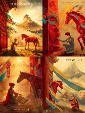 static poster for "impressions of dege" design competition, theme: gesar epic - juvenile awakening. core elements: young joru (gesar’s childhood form) kneels by the crimson carved-wood wall of dege scripture printing house, fingertips brushing an ancient armor fragment etched with dege’s gesar woodblock tibetan script (museum-referenced detailing). a fiery-red horse, mane interwoven with fluttering five-color prayer flags (dege’s signature blue-white-red-green-yellow), stands poised beside him. background: mist-shrouded qie’er mountain (dege’s sacred peak) bathed in golden dawn light. color palette: vivid cinnabar red (cmyk 0,100,100,0) + turquoise (rgb 0,204,204) + gold leaf accents (hex #ffd700) + aged tibetan paper beige (cmyk 0,10,20,10). texture: armor with metallic sheen + subtle woodgrain of printing blocks + fibrous tibetan paper backdrop. composition: dynamic diagonal flow (joru lower left, horse upper right, guiding the eye toward the mountain). lighting: warm golden-hour light casting long, soft shadows to enhance depth. art style: fusion of tibetan thangka’s mineral-pigment richness (bold lines, luminous hues) and modern graphic illustration. ultra-detailed: armor’s scale patterns, prayer flag folds, woodcarving textures.