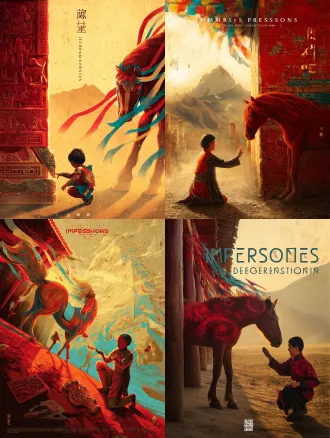 static poster for "impressions of dege" design competition, theme: gesar epic - juvenile awakening. core elements: young joru (gesar’s childhood form) kneels by the crimson carved-wood wall of dege scripture printing house, fingertips brushing an ancient armor fragment etched with dege’s gesar woodblock tibetan script (museum-referenced detailing). a fiery-red horse, mane interwoven with fluttering five-color prayer flags (dege’s signature blue-white-red-green-yellow), stands poised beside him. background: mist-shrouded qie’er mountain (dege’s sacred peak) bathed in golden dawn light. color palette: vivid cinnabar red (cmyk 0,100,100,0) + turquoise (rgb 0,204,204) + gold leaf accents (hex #ffd700) + aged tibetan paper beige (cmyk 0,10,20,10). texture: armor with metallic sheen + subtle woodgrain of printing blocks + fibrous tibetan paper backdrop. composition: dynamic diagonal flow (joru lower left, horse upper right, guiding the eye toward the mountain). lighting: warm golden-hour light casting long, soft shadows to enhance depth. art style: fusion of tibetan thangka’s mineral-pigment richness (bold lines, luminous hues) and modern graphic illustration. ultra-detailed: armor’s scale patterns, prayer flag folds, woodcarving textures.