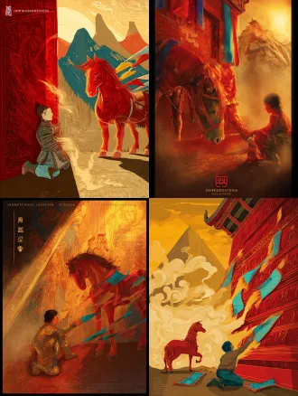 static poster for "impressions of dege" design competition, theme: gesar epic - juvenile awakening. core elements: young joru (gesar’s childhood form) kneels by the crimson carved-wood wall of dege scripture printing house, fingertips brushing an ancient armor fragment etched with dege’s gesar woodblock tibetan script (museum-referenced detailing). a fiery-red horse, mane interwoven with fluttering five-color prayer flags (dege’s signature blue-white-red-green-yellow), stands poised beside him. background: mist-shrouded qie’er mountain (dege’s sacred peak) bathed in golden dawn light. color palette: vivid cinnabar red (cmyk 0,100,100,0) + turquoise (rgb 0,204,204) + gold leaf accents (hex #ffd700) + aged tibetan paper beige (cmyk 0,10,20,10). texture: armor with metallic sheen + subtle woodgrain of printing blocks + fibrous tibetan paper backdrop. composition: dynamic diagonal flow (joru lower left, horse upper right, guiding the eye toward the mountain). lighting: warm golden-hour light casting long, soft shadows to enhance depth. art style: fusion of tibetan thangka’s mineral-pigment richness (bold lines, luminous hues) and modern graphic illustration. ultra-detailed: armor’s scale patterns, prayer flag folds, woodcarving textures.