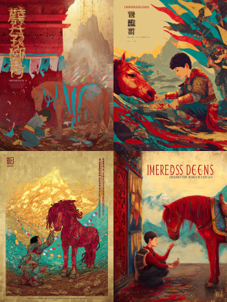 static poster for "impressions of dege" design competition, theme: gesar epic - juvenile awakening. core elements: young joru (gesar’s childhood form) kneels by the crimson carved-wood wall of dege scripture printing house, fingertips brushing an ancient armor fragment etched with dege’s gesar woodblock tibetan script (museum-referenced detailing). a fiery-red horse, mane interwoven with fluttering five-color prayer flags (dege’s signature blue-white-red-green-yellow), stands poised beside him. background: mist-shrouded qie’er mountain (dege’s sacred peak) bathed in golden dawn light. color palette: vivid cinnabar red (cmyk 0,100,100,0) + turquoise (rgb 0,204,204) + gold leaf accents (hex #ffd700) + aged tibetan paper beige (cmyk 0,10,20,10). texture: armor featuring *traditional rock painting mineral pigment texture* — layered mineral powder stacking (like malachite, cinnabar deposits), lustrous sheen of gemstone glazes; backdrop blends fibrous tibetan paper with rock art’s earthy, granular base. composition: dynamic diagonal flow (joru lower left, horse upper right, guiding the eye toward the mountain). lighting: warm golden-hour light casting long, soft shadows to enhance depth, mimicking rock painting’s luminous mineral layers. art style: fusion of tibetan thangka’s bold linework + *chinese rock painting techniques* (textured mineral stratification, translucent glaze-like translucency), with ultra-detailed armor scales, prayer flag folds, woodcarving textures rendered in rock art’s natural mineral granulation.