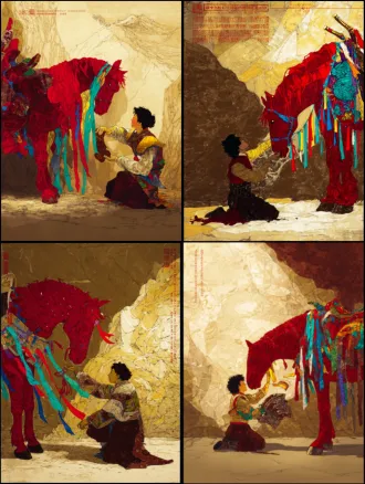 static poster for "impressions of dege" design competition, theme: gesar epic - juvenile awakening, core elements: young joru (gesar's childhood name) kneeling by dege scripture printing house's red wall, picking up an ancient armor fragment (with woodblock tibetan script from dege's gesar woodcarvings, referencing dege museum collections), red horse with prayer flag streamers standing beside him, background: faint silhouette of qie'er mountain (dege's sacred mountain), color palette: cinnabar red (cmyk c0 m100 y100 k0) + turquoise green (rgb 0,204,204) + aged gold (hex #d4af37), texture: low-transparency tibetan paper fiber background + woodcarving knife marks on armor, composition: diagonal layout (joru at lower left, red horse at upper right), size 100cm×70cm, 300dpi, rgb mode, jpg, minimalist yet emotional, ultra-clear details of armor and prayer flags