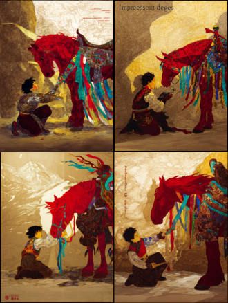 static poster for "impressions of dege" design competition, theme: gesar epic - juvenile awakening, core elements: young joru (gesar's childhood name) kneeling by dege scripture printing house's red wall, picking up an ancient armor fragment (with woodblock tibetan script from dege's gesar woodcarvings, referencing dege museum collections), red horse with prayer flag streamers standing beside him, background: faint silhouette of qie'er mountain (dege's sacred mountain), color palette: cinnabar red (cmyk c0 m100 y100 k0) + turquoise green (rgb 0,204,204) + aged gold (hex #d4af37), texture: low-transparency tibetan paper fiber background + woodcarving knife marks on armor, composition: diagonal layout (joru at lower left, red horse at upper right), size 100cm×70cm, 300dpi, rgb mode, jpg, minimalist yet emotional, ultra-clear details of armor and prayer flags