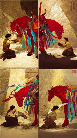 static poster for "impressions of dege" design competition, theme: gesar epic - juvenile awakening, core elements: young joru (gesar's childhood name) kneeling by dege scripture printing house's red wall, picking up an ancient armor fragment (with woodblock tibetan script from dege's gesar woodcarvings, referencing dege museum collections), red horse with prayer flag streamers standing beside him, background: faint silhouette of qie'er mountain (dege's sacred mountain), color palette: cinnabar red (cmyk c0 m100 y100 k0) + turquoise green (rgb 0,204,204) + aged gold (hex #d4af37), texture: low-transparency tibetan paper fiber background + woodcarving knife marks on armor, composition: diagonal layout (joru at lower left, red horse at upper right), size 100cm×70cm, 300dpi, rgb mode, jpg, minimalist yet emotional, ultra-clear details of armor and prayer flags