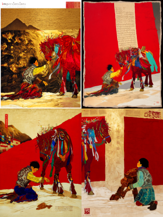 static poster for "impressions of dege" design competition, theme: gesar epic - juvenile awakening, core elements: young joru (gesar's childhood name) kneeling by dege scripture printing house's red wall, picking up an ancient armor fragment (with woodblock tibetan script from dege's gesar woodcarvings, referencing dege museum collections), red horse with prayer flag streamers standing beside him, background: faint silhouette of qie'er mountain (dege's sacred mountain), color palette: cinnabar red (cmyk c0 m100 y100 k0) + turquoise green (rgb 0,204,204) + aged gold (hex #d4af37), texture: low-transparency tibetan paper fiber background + woodcarving knife marks on armor, composition: diagonal layout (joru at lower left, red horse at upper right), size 100cm×70cm, 300dpi, rgb mode, jpg, minimalist yet emotional, ultra-clear details of armor and prayer flags