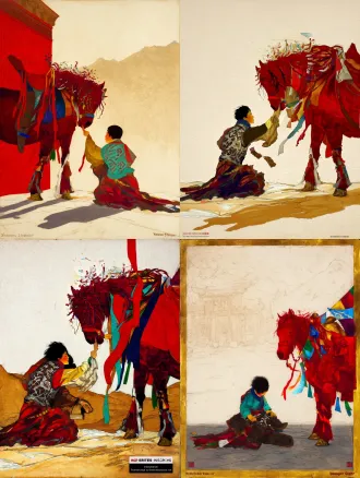 static poster for "impressions of dege" design competition, theme: gesar epic - juvenile awakening, core elements: young joru (gesar's childhood name) kneeling by dege scripture printing house's red wall, picking up an ancient armor fragment (with woodblock tibetan script from dege's gesar woodcarvings, referencing dege museum collections), red horse with prayer flag streamers standing beside him, background: faint silhouette of qie'er mountain (dege's sacred mountain), color palette: cinnabar red (cmyk c0 m100 y100 k0) + turquoise green (rgb 0,204,204) + aged gold (hex #d4af37), texture: low-transparency tibetan paper fiber background + woodcarving knife marks on armor, composition: diagonal layout (joru at lower left, red horse at upper right), size 100cm×70cm, 300dpi, rgb mode, jpg, minimalist yet emotional, ultra-clear details of armor and prayer flags