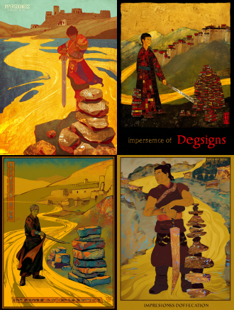 static poster for "impressions of dege" competition, theme: gesar epic - journey. core elements: gesar stands resolutely on the bank of the upper yellow river, hands gripping a long knife—blade glows with gradient mineral sheen (cinnabar red fading to bronze), hilt adorned with tiny agate inlays. at his feet, stacked mani stone piles carved with traditional tibetan patterns, textured with rough ochre and lapis lazuli mineral powder (granular like ancient cliff murals, showing natural weathering marks). distant background: low-slung dege-style tibetan dwellings with earthen walls, layered in yellow ochre and umber, cracked mineral patina covering the surface (echoing the aged texture of the reference artwork). the yellow river curves in a sweeping arc around gesar, water rendered in translucent agate-glaze texture—layered mineral strata inside, catching light to show luminous ripples (matching the iridescent sheen of the horse’s mane in the first poster). color palette: deep cinnabar red (cmyk 0,100,100,20) + lapis blue (rgb 61,90,161) + gold leaf accents (hex #ffd700, metallic like rock art’s gold foil). texture: all elements in *rock painting style*—armor on gesar’s body has stacked mineral pigment layers (malachite green base with cinnabar red highlights), riverbank soil shows earthy mineral granulation, dwelling roofs have rough clay texture. composition: central focus on gesar, yellow river guides sight from foreground to distant dwellings (creating a sense of journey extension), left-right balance with mani stones and river curves. lighting: warm golden-hour light slants from the top right, casting long, soft shadows under gesar and mani stones—enhancing the three-dimensionality of rock painting’s mineral layers. art style: fusion of tibetan thangka’s bold, clean linework + chinese rock painting techniques (natural mineral pigment stratification, granular texture, glaze-like translucency), fully echoing the rock art texture of the first poster. ultra-detailed: knife hilt inlays, mani stone carvings, river ripple layers, dwelling wall cracks.