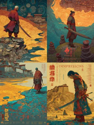 static poster for "impressions of dege" competition, theme: gesar epic - journey. core elements: gesar stands resolutely on the bank of the upper yellow river, hands gripping a long knife—blade glows with gradient mineral sheen (cinnabar red fading to bronze), hilt adorned with tiny agate inlays. at his feet, stacked mani stone piles carved with traditional tibetan patterns, textured with rough ochre and lapis lazuli mineral powder (granular like ancient cliff murals, showing natural weathering marks). distant background: low-slung dege-style tibetan dwellings with earthen walls, layered in yellow ochre and umber, cracked mineral patina covering the surface (echoing the aged texture of the reference artwork). the yellow river curves in a sweeping arc around gesar, water rendered in translucent agate-glaze texture—layered mineral strata inside, catching light to show luminous ripples (matching the iridescent sheen of the horse’s mane in the first poster). color palette: deep cinnabar red (cmyk 0,100,100,20) + lapis blue (rgb 61,90,161) + gold leaf accents (hex #ffd700, metallic like rock art’s gold foil). texture: all elements in *rock painting style*—armor on gesar’s body has stacked mineral pigment layers (malachite green base with cinnabar red highlights), riverbank soil shows earthy mineral granulation, dwelling roofs have rough clay texture. composition: central focus on gesar, yellow river guides sight from foreground to distant dwellings (creating a sense of journey extension), left-right balance with mani stones and river curves. lighting: warm golden-hour light slants from the top right, casting long, soft shadows under gesar and mani stones—enhancing the three-dimensionality of rock painting’s mineral layers. art style: fusion of tibetan thangka’s bold, clean linework + chinese rock painting techniques (natural mineral pigment stratification, granular texture, glaze-like translucency), fully echoing the rock art texture of the first poster. ultra-detailed: knife hilt inlays, mani stone carvings, river ripple layers, dwelling wall cracks.