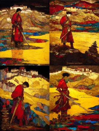 static poster for "impressions of dege" competition, theme: gesar epic - journey. core elements: gesar stands resolutely on the bank of the upper yellow river, hands gripping a long knife—blade glows with gradient mineral sheen (cinnabar red fading to bronze), hilt adorned with tiny agate inlays. at his feet, stacked mani stone piles carved with traditional tibetan patterns, textured with rough ochre and lapis lazuli mineral powder (granular like ancient cliff murals, showing natural weathering marks). distant background: low-slung dege-style tibetan dwellings with earthen walls, layered in yellow ochre and umber, cracked mineral patina covering the surface (echoing the aged texture of the reference artwork). the yellow river curves in a sweeping arc around gesar, water rendered in translucent agate-glaze texture—layered mineral strata inside, catching light to show luminous ripples (matching the iridescent sheen of the horse’s mane in the first poster). color palette: deep cinnabar red (cmyk 0,100,100,20) + lapis blue (rgb 61,90,161) + gold leaf accents (hex #ffd700, metallic like rock art’s gold foil). texture: all elements in *rock painting style*—armor on gesar’s body has stacked mineral pigment layers (malachite green base with cinnabar red highlights), riverbank soil shows earthy mineral granulation, dwelling roofs have rough clay texture. composition: central focus on gesar, yellow river guides sight from foreground to distant dwellings (creating a sense of journey extension), left-right balance with mani stones and river curves. lighting: warm golden-hour light slants from the top right, casting long, soft shadows under gesar and mani stones—enhancing the three-dimensionality of rock painting’s mineral layers. art style: fusion of tibetan thangka’s bold, clean linework + chinese rock painting techniques (natural mineral pigment stratification, granular texture, glaze-like translucency), fully echoing the rock art texture of the first poster. ultra-detailed: knife hilt inlays, mani stone carvings, river ripple layers, dwelling wall cracks.