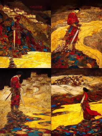 static poster for "impressions of dege" competition, theme: gesar epic - journey. core elements: gesar stands resolutely on the bank of the upper yellow river, hands gripping a long knife—blade glows with gradient mineral sheen (cinnabar red fading to bronze), hilt adorned with tiny agate inlays. at his feet, stacked mani stone piles carved with traditional tibetan patterns, textured with rough ochre and lapis lazuli mineral powder (granular like ancient cliff murals, showing natural weathering marks). distant background: low-slung dege-style tibetan dwellings with earthen walls, layered in yellow ochre and umber, cracked mineral patina covering the surface (echoing the aged texture of the reference artwork). the yellow river curves in a sweeping arc around gesar, water rendered in translucent agate-glaze texture—layered mineral strata inside, catching light to show luminous ripples (matching the iridescent sheen of the horse’s mane in the first poster). color palette: deep cinnabar red (cmyk 0,100,100,20) + lapis blue (rgb 61,90,161) + gold leaf accents (hex #ffd700, metallic like rock art’s gold foil). texture: all elements in *rock painting style*—armor on gesar’s body has stacked mineral pigment layers (malachite green base with cinnabar red highlights), riverbank soil shows earthy mineral granulation, dwelling roofs have rough clay texture. composition: central focus on gesar, yellow river guides sight from foreground to distant dwellings (creating a sense of journey extension), left-right balance with mani stones and river curves. lighting: warm golden-hour light slants from the top right, casting long, soft shadows under gesar and mani stones—enhancing the three-dimensionality of rock painting’s mineral layers. art style: fusion of tibetan thangka’s bold, clean linework + chinese rock painting techniques (natural mineral pigment stratification, granular texture, glaze-like translucency), fully echoing the rock art texture of the first poster. ultra-detailed: knife hilt inlays, mani stone carvings, river ripple layers, dwelling wall cracks.