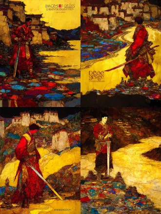 static poster for "impressions of dege" competition, theme: gesar epic - journey. core elements: gesar stands resolutely on the bank of the upper yellow river, hands gripping a long knife—blade glows with gradient mineral sheen (cinnabar red fading to bronze), hilt adorned with tiny agate inlays. at his feet, stacked mani stone piles carved with traditional tibetan patterns, textured with rough ochre and lapis lazuli mineral powder (granular like ancient cliff murals, showing natural weathering marks). distant background: low-slung dege-style tibetan dwellings with earthen walls, layered in yellow ochre and umber, cracked mineral patina covering the surface (echoing the aged texture of the reference artwork). the yellow river curves in a sweeping arc around gesar, water rendered in translucent agate-glaze texture—layered mineral strata inside, catching light to show luminous ripples (matching the iridescent sheen of the horse’s mane in the first poster). color palette: deep cinnabar red (cmyk 0,100,100,20) + lapis blue (rgb 61,90,161) + gold leaf accents (hex #ffd700, metallic like rock art’s gold foil). texture: all elements in *rock painting style*—armor on gesar’s body has stacked mineral pigment layers (malachite green base with cinnabar red highlights), riverbank soil shows earthy mineral granulation, dwelling roofs have rough clay texture. composition: central focus on gesar, yellow river guides sight from foreground to distant dwellings (creating a sense of journey extension), left-right balance with mani stones and river curves. lighting: warm golden-hour light slants from the top right, casting long, soft shadows under gesar and mani stones—enhancing the three-dimensionality of rock painting’s mineral layers. art style: fusion of tibetan thangka’s bold, clean linework + chinese rock painting techniques (natural mineral pigment stratification, granular texture, glaze-like translucency), fully echoing the rock art texture of the first poster. ultra-detailed: knife hilt inlays, mani stone carvings, river ripple layers, dwelling wall cracks.