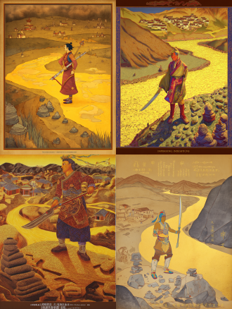 static poster for "impressions of dege" competition, theme: gesar epic - journey. core elements: gesar stands on the upper yellow river bank, holding a long knife; at his feet are mani stone piles (carved with tibetan patterns); distant background has low dege-style tibetan dwellings. style: rock painting with mineral pigment texture—granular feel, glaze-like luster (matches the first poster’s rock art texture). color palette: cinnabar red, lapis lazuli blue, gold leaf accents. composition: central focus on gesar, yellow river curves to guide sight to distant dwellings. lighting: warm golden-hour light, soft long shadows. ultra-detailed: knife hilt inlays, mani stone carvings, river ripples.