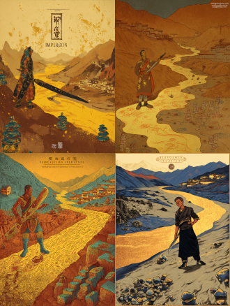 static poster for "impressions of dege" competition, theme: gesar epic - journey. core elements: gesar stands on the upper yellow river bank, holding a long knife; at his feet are mani stone piles (carved with tibetan patterns); distant background has low dege-style tibetan dwellings. style: rock painting with mineral pigment texture—granular feel, glaze-like luster (matches the first poster’s rock art texture). color palette: cinnabar red, lapis lazuli blue, gold leaf accents. composition: central focus on gesar, yellow river curves to guide sight to distant dwellings. lighting: warm golden-hour light, soft long shadows. ultra-detailed: knife hilt inlays, mani stone carvings, river ripples.