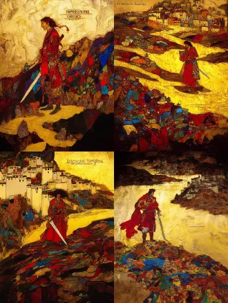 static poster for "impressions of dege" competition, theme: gesar epic - journey. core elements: gesar stands on the upper yellow river bank, holding a long knife; at his feet are mani stone piles (carved with tibetan patterns); distant background has low dege-style tibetan dwellings. style: rock painting with mineral pigment texture—granular feel, glaze-like luster (matches the first poster’s rock art texture). color palette: cinnabar red, lapis lazuli blue, gold leaf accents. composition: central focus on gesar, yellow river curves to guide sight to distant dwellings. lighting: warm golden-hour light, soft long shadows. ultra-detailed: knife hilt inlays, mani stone carvings, river ripples.