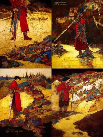 static poster for "impressions of dege" competition, theme: gesar epic - journey. core elements: gesar stands on the upper yellow river bank, holding a long knife; at his feet are mani stone piles (carved with tibetan patterns); distant background has low dege-style tibetan dwellings. style: rock painting with mineral pigment texture—granular feel, glaze-like luster (matches the first poster’s rock art texture). color palette: cinnabar red, lapis lazuli blue, gold leaf accents. composition: central focus on gesar, yellow river curves to guide sight to distant dwellings. lighting: warm golden-hour light, soft long shadows. ultra-detailed: knife hilt inlays, mani stone carvings, river ripples.