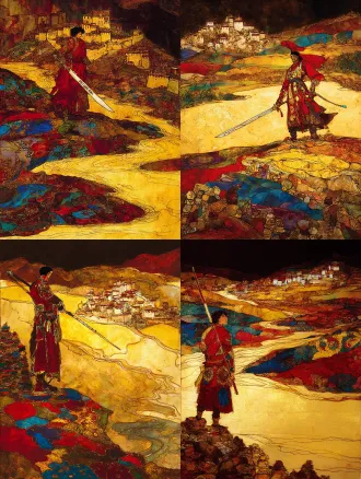 static poster for "impressions of dege" competition, theme: gesar epic - journey. core elements: gesar stands on the upper yellow river bank, holding a long knife; at his feet are mani stone piles (carved with tibetan patterns); distant background has low dege-style tibetan dwellings. style: rock painting with mineral pigment texture—granular feel, glaze-like luster (matches the first poster’s rock art texture). color palette: cinnabar red, lapis lazuli blue, gold leaf accents. composition: central focus on gesar, yellow river curves to guide sight to distant dwellings. lighting: warm golden-hour light, soft long shadows. ultra-detailed: knife hilt inlays, mani stone carvings, river ripples.