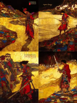 static poster for "impressions of dege" competition, theme: gesar epic - journey. core elements: gesar stands on the upper yellow river bank, holding a long knife; at his feet are mani stone piles (carved with tibetan patterns); distant background has low dege-style tibetan dwellings. style: rock painting with mineral pigment texture—granular feel, glaze-like luster (matches the first poster’s rock art texture). color palette: cinnabar red, lapis lazuli blue, gold leaf accents. composition: central focus on gesar, yellow river curves to guide sight to distant dwellings. lighting: warm golden-hour light, soft long shadows. ultra-detailed: knife hilt inlays, mani stone carvings, river ripples.