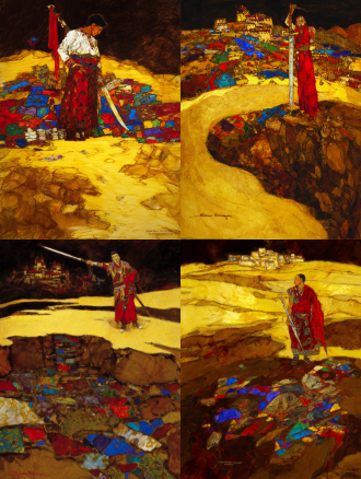 static poster for "impressions of dege" competition, theme: gesar epic - journey. core elements: gesar stands on the upper yellow river bank, holding a long knife; at his feet are mani stone piles (carved with tibetan patterns); distant background has low dege-style tibetan dwellings. style: rock painting with mineral pigment texture—granular feel, glaze-like luster (matches the first poster’s rock art texture). color palette: cinnabar red, lapis lazuli blue, gold leaf accents. composition: central focus on gesar, yellow river curves to guide sight to distant dwellings. lighting: warm golden-hour light, soft long shadows. ultra-detailed: knife hilt inlays, mani stone carvings, river ripples.