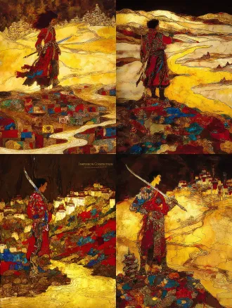 static poster for "impressions of dege" competition, theme: gesar epic - journey. core elements: gesar stands on the upper yellow river bank, holding a long knife; at his feet are mani stone piles (carved with tibetan patterns); distant background has low dege-style tibetan dwellings. style: rock painting with mineral pigment texture—granular feel, glaze-like luster (matches the first poster’s rock art texture). color palette: cinnabar red, lapis lazuli blue, gold leaf accents. composition: central focus on gesar, yellow river curves to guide sight to distant dwellings. lighting: warm golden-hour light, soft long shadows. ultra-detailed: knife hilt inlays, mani stone carvings, river ripples.