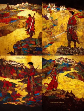 static poster for "impressions of dege" competition, theme: gesar epic - journey. core elements: gesar stands on the upper yellow river bank, holding a long knife; at his feet are mani stone piles (carved with tibetan patterns); distant background has low dege-style tibetan dwellings. style: rock painting with mineral pigment texture—granular feel, glaze-like luster (matches the first poster’s rock art texture). color palette: cinnabar red, lapis lazuli blue, gold leaf accents. composition: central focus on gesar, yellow river curves to guide sight to distant dwellings. lighting: warm golden-hour light, soft long shadows. ultra-detailed: knife hilt inlays, mani stone carvings, river ripples.