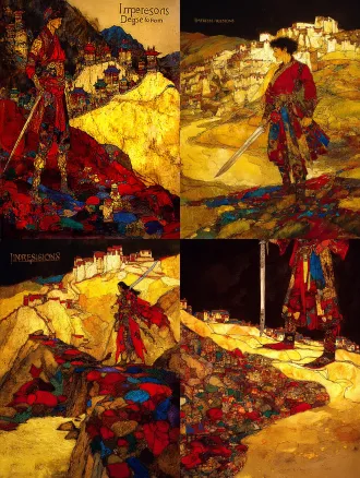 static poster for "impressions of dege" competition, theme: gesar epic - journey. core elements: gesar stands on the upper yellow river bank, holding a long knife; at his feet are mani stone piles (carved with tibetan patterns); distant background has low dege-style tibetan dwellings. style: rock painting with mineral pigment texture—granular feel, glaze-like luster (matches the first poster’s rock art texture). color palette: cinnabar red, lapis lazuli blue, gold leaf accents. composition: central focus on gesar, yellow river curves to guide sight to distant dwellings. lighting: warm golden-hour light, soft long shadows. ultra-detailed: knife hilt inlays, mani stone carvings, river ripples.