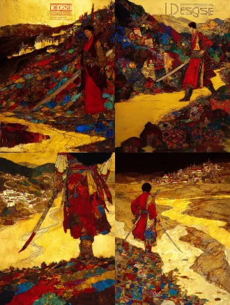 static poster for "impressions of dege" competition, theme: gesar epic - journey. core elements: gesar stands on the upper yellow river bank, holding a long knife; at his feet are mani stone piles (carved with tibetan patterns); distant background has low dege-style tibetan dwellings. style: rock painting with mineral pigment texture—granular feel, glaze-like luster (matches the first poster’s rock art texture). color palette: cinnabar red, lapis lazuli blue, gold leaf accents. composition: central focus on gesar, yellow river curves to guide sight to distant dwellings. lighting: warm golden-hour light, soft long shadows. ultra-detailed: knife hilt inlays, mani stone carvings, river ripples.