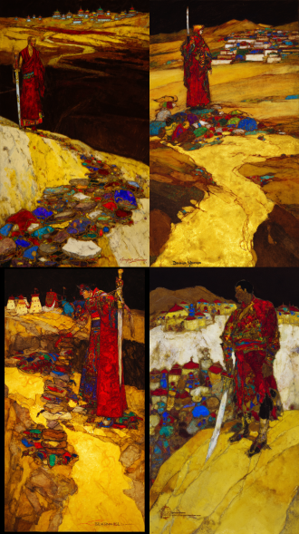 static poster for "impressions of dege" competition, theme: gesar epic - journey. core elements: gesar stands on the upper yellow river bank, holding a long knife; at his feet are mani stone piles (carved with tibetan patterns); distant background has low dege-style tibetan dwellings. style: rock painting with mineral pigment texture—granular feel, glaze-like luster (matches the first poster’s rock art texture). color palette: cinnabar red, lapis lazuli blue, gold leaf accents. composition: central focus on gesar, yellow river curves to guide sight to distant dwellings. lighting: warm golden-hour light, soft long shadows. ultra-detailed: knife hilt inlays, mani stone carvings, river ripples.