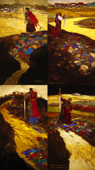 static poster for "impressions of dege" competition, theme: gesar epic - journey. core elements: gesar stands on the upper yellow river bank, holding a long knife; at his feet are mani stone piles (carved with tibetan patterns); distant background has low dege-style tibetan dwellings. style: rock painting with mineral pigment texture—granular feel, glaze-like luster (matches the first poster’s rock art texture). color palette: cinnabar red, lapis lazuli blue, gold leaf accents. composition: central focus on gesar, yellow river curves to guide sight to distant dwellings. lighting: warm golden-hour light, soft long shadows. ultra-detailed: knife hilt inlays, mani stone carvings, river ripples.