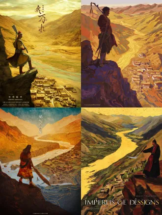 static poster for "impressions of dege" competition, theme: gesar epic - journey. core elements: gesar stands on a cliff edge, holding a long knife, overlooking the upper yellow river winding through dege’s plateau; below him, a small dege-style tibetan village nestles in the valley. style: rock painting with layered mineral pigment texture (cinnabar red, lapis lazuli blue, gold leaf accents, granular and glaze-like luster, matching the first poster’s rock art style). composition: central focus on gesar, river guides sight from foreground to distant village (clear journey narrative). lighting: warm golden-hour light, soft shadows. ultra-detailed: knife hilt inlays, village architecture, river ripples.