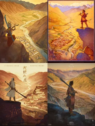 static poster for "impressions of dege" competition, theme: gesar epic - journey. core elements: gesar stands on a cliff edge, holding a long knife, overlooking the upper yellow river winding through dege’s plateau; below him, a small dege-style tibetan village nestles in the valley. style: rock painting with layered mineral pigment texture (cinnabar red, lapis lazuli blue, gold leaf accents, granular and glaze-like luster, matching the first poster’s rock art style). composition: central focus on gesar, river guides sight from foreground to distant village (clear journey narrative). lighting: warm golden-hour light, soft shadows. ultra-detailed: knife hilt inlays, village architecture, river ripples.
