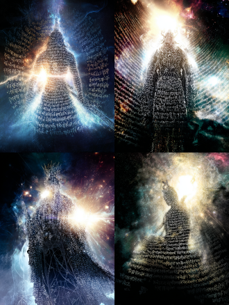 a highly symbolic and epic poster of king gesar, the tibetan hero. the central figure is a majestic, semi-transparent silhouette of a warrior king, formed entirely from countless lines of tiny, glowing tibetan script from the epic of king gesar. the silhouette is facing a radiant light source, as if being summoned from stardust and ancient text. the background is a deep cosmos with nebulae and swirling text. style of moebius and modern graphic novel, cinematic lighting, ethereal, metaphoric, high contrast.