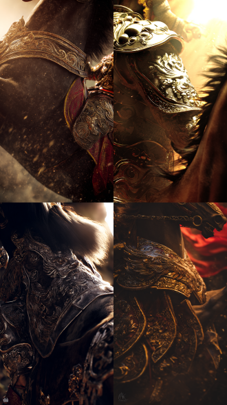 a powerful and dynamic poster of king gesar. extreme close-up on the ornate chest armor and shoulder guards of a tibetan king, inspired by king gesar. intricate dragon and phoenix motifs are carved into the gleaming metal. a war horse's powerful, blurred silhouette rears up in the background. dramatic low-angle shot, cinematic lighting with strong rim light, deep shadows. style of character concept art for a aaa game, hyper-detailed, sense of motion and immense power.