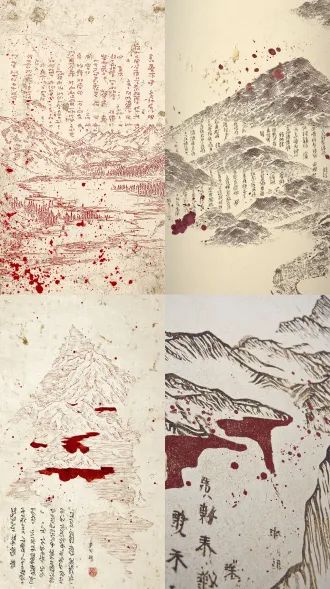 a majestic minimalist poster of tibetan woodblock printing. a close-up of an ancient woodblock with deep carved tibetan script, the text is hollowed out, revealing a breathtaking landscape of snow-capped mountains and a clear lake through the carvings. the background is a textured, off-white handmade paper. splatters of cinnabar red ink and flecks of gold leaf are scattered around. style of japanese woodblock print (ukiyo-e) and anato finnstark, high contrast, dramatic lighting, symbolic poster