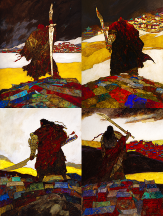 epic and solemn movie poster of the legendary tibetan king gesar. a low-angle shot from behind, focusing on the silhouette of the warrior king holding a long, elegant tibetan knife. the knife's hilt is wrapped and inlaid with symbolic patterns. he stands upon a riverbank of stacked mani stones, each stone carved with tibetan mantra. the yellow river curves into the distance under a vast, dramatic sky. distant dege-style tibetan dwellings nestle in the landscape. color palette: dark slate gray, cinnabar red, and metallic gold. texture of rough stone and polished metal.