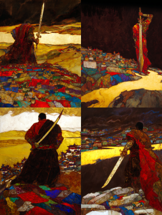 epic and solemn movie poster of the legendary tibetan king gesar. a low-angle shot from behind, focusing on the silhouette of the warrior king holding a long, elegant tibetan knife. the knife's hilt is wrapped and inlaid with symbolic patterns. he stands upon a riverbank of stacked mani stones, each stone carved with tibetan mantra. the yellow river curves into the distance under a vast, dramatic sky. distant dege-style tibetan dwellings nestle in the landscape. color palette: dark slate gray, cinnabar red, and metallic gold. texture of rough stone and polished metal.