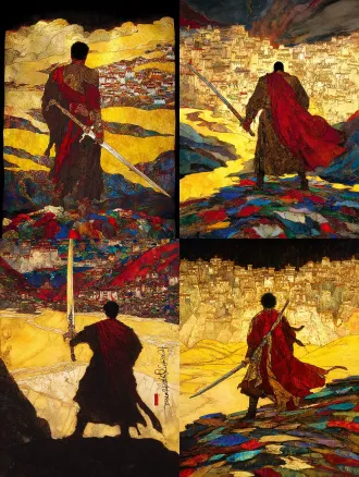 epic and solemn movie poster of the legendary tibetan king gesar. a low-angle shot from behind, focusing on the silhouette of the warrior king holding a long, elegant tibetan knife. the knife's hilt is wrapped and inlaid with symbolic patterns. he stands upon a riverbank of stacked mani stones, each stone carved with tibetan mantra. the yellow river curves into the distance under a vast, dramatic sky. distant dege-style tibetan dwellings nestle in the landscape. color palette: dark slate gray, cinnabar red, and metallic gold. texture of rough stone and polished metal.