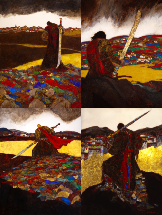 epic and solemn movie poster of the legendary tibetan king gesar. a low-angle shot from behind, focusing on the silhouette of the warrior king holding a long, elegant tibetan knife. the knife's hilt is wrapped and inlaid with symbolic patterns. he stands upon a riverbank of stacked mani stones, each stone carved with tibetan mantra. the yellow river curves into the distance under a vast, dramatic sky. distant dege-style tibetan dwellings nestle in the landscape. color palette: dark slate gray, cinnabar red, and metallic gold. texture of rough stone and polished metal.