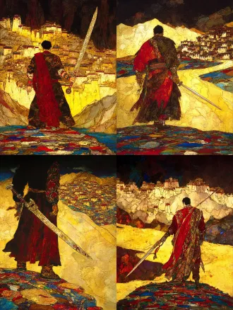 epic and solemn movie poster of the legendary tibetan king gesar. a low-angle shot from behind, focusing on the silhouette of the warrior king holding a long, elegant tibetan knife. the knife's hilt is wrapped and inlaid with symbolic patterns. he stands upon a riverbank of stacked mani stones, each stone carved with tibetan mantra. the yellow river curves into the distance under a vast, dramatic sky. distant dege-style tibetan dwellings nestle in the landscape. color palette: dark slate gray, cinnabar red, and metallic gold. texture of rough stone and polished metal.