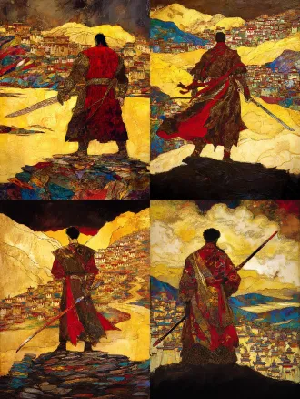 epic and solemn movie poster of the legendary tibetan king gesar. a low-angle shot from behind, focusing on the silhouette of the warrior king holding a long, elegant tibetan knife. the knife's hilt is wrapped and inlaid with symbolic patterns. he stands upon a riverbank of stacked mani stones, each stone carved with tibetan mantra. the yellow river curves into the distance under a vast, dramatic sky. distant dege-style tibetan dwellings nestle in the landscape. color palette: dark slate gray, cinnabar red, and metallic gold. texture of rough stone and polished metal.