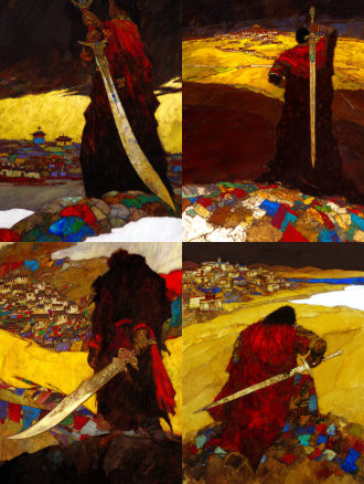 epic and solemn movie poster of the legendary tibetan king gesar. a low-angle shot from behind, focusing on the silhouette of the warrior king holding a long, elegant tibetan knife. the knife's hilt is wrapped and inlaid with symbolic patterns. he stands upon a riverbank of stacked mani stones, each stone carved with tibetan mantra. the yellow river curves into the distance under a vast, dramatic sky. distant dege-style tibetan dwellings nestle in the landscape. color palette: dark slate gray, cinnabar red, and metallic gold. texture of rough stone and polished metal.