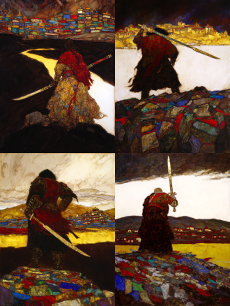 epic and solemn movie poster of the legendary tibetan king gesar. a low-angle shot from behind, focusing on the silhouette of the warrior king holding a long, elegant tibetan knife. the knife's hilt is wrapped and inlaid with symbolic patterns. he stands upon a riverbank of stacked mani stones, each stone carved with tibetan mantra. the yellow river curves into the distance under a vast, dramatic sky. distant dege-style tibetan dwellings nestle in the landscape. color palette: dark slate gray, cinnabar red, and metallic gold. texture of rough stone and polished metal.