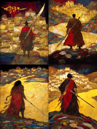 epic and solemn movie poster of the legendary tibetan king gesar. a low-angle shot from behind, focusing on the silhouette of the warrior king holding a long, elegant tibetan knife. the knife's hilt is wrapped and inlaid with symbolic patterns. he stands upon a riverbank of stacked mani stones, each stone carved with tibetan mantra. the yellow river curves into the distance under a vast, dramatic sky. distant dege-style tibetan dwellings nestle in the landscape. color palette: dark slate gray, cinnabar red, and metallic gold. texture of rough stone and polished metal.