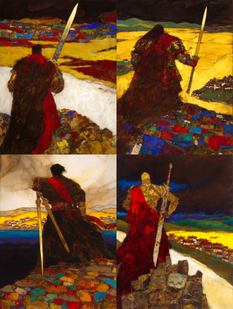 epic and solemn movie poster of the legendary tibetan king gesar. a low-angle shot from behind, focusing on the silhouette of the warrior king holding a long, elegant tibetan knife. the knife's hilt is wrapped and inlaid with symbolic patterns. he stands upon a riverbank of stacked mani stones, each stone carved with tibetan mantra. the yellow river curves into the distance under a vast, dramatic sky. distant dege-style tibetan dwellings nestle in the landscape. color palette: dark slate gray, cinnabar red, and metallic gold. texture of rough stone and polished metal.