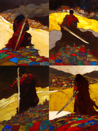 epic and solemn movie poster of the legendary tibetan king gesar. a low-angle shot from behind, focusing on the silhouette of the warrior king holding a long, elegant tibetan knife. the knife's hilt is wrapped and inlaid with symbolic patterns. he stands upon a riverbank of stacked mani stones, each stone carved with tibetan mantra. the yellow river curves into the distance under a vast, dramatic sky. distant dege-style tibetan dwellings nestle in the landscape. color palette: dark slate gray, cinnabar red, and metallic gold. texture of rough stone and polished metal.