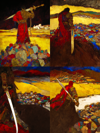 epic and solemn movie poster of the legendary tibetan king gesar. a low-angle shot from behind, focusing on the silhouette of the warrior king holding a long, elegant tibetan knife. the knife's hilt is wrapped and inlaid with symbolic patterns. he stands upon a riverbank of stacked mani stones, each stone carved with tibetan mantra. the yellow river curves into the distance under a vast, dramatic sky. distant dege-style tibetan dwellings nestle in the landscape. color palette: dark slate gray, cinnabar red, and metallic gold. texture of rough stone and polished metal.