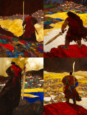 epic and solemn movie poster of the legendary tibetan king gesar. a low-angle shot from behind, focusing on the silhouette of the warrior king holding a long, elegant tibetan knife. the knife's hilt is wrapped and inlaid with symbolic patterns. he stands upon a riverbank of stacked mani stones, each stone carved with tibetan mantra. the yellow river curves into the distance under a vast, dramatic sky. distant dege-style tibetan dwellings nestle in the landscape. color palette: dark slate gray, cinnabar red, and metallic gold. texture of rough stone and polished metal.