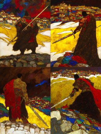 epic and solemn movie poster of the legendary tibetan king gesar. a low-angle shot from behind, focusing on the silhouette of the warrior king holding a long, elegant tibetan knife. the knife's hilt is wrapped and inlaid with symbolic patterns. he stands upon a riverbank of stacked mani stones, each stone carved with tibetan mantra. the yellow river curves into the distance under a vast, dramatic sky. distant dege-style tibetan dwellings nestle in the landscape. color palette: dark slate gray, cinnabar red, and metallic gold. texture of rough stone and polished metal.