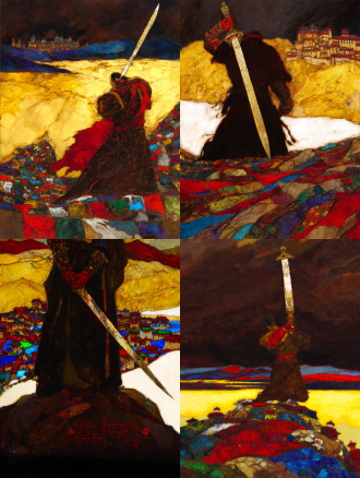 epic and solemn movie poster of the legendary tibetan king gesar. a low-angle shot from behind, focusing on the silhouette of the warrior king holding a long, elegant tibetan knife. the knife's hilt is wrapped and inlaid with symbolic patterns. he stands upon a riverbank of stacked mani stones, each stone carved with tibetan mantra. the yellow river curves into the distance under a vast, dramatic sky. distant dege-style tibetan dwellings nestle in the landscape. color palette: dark slate gray, cinnabar red, and metallic gold. texture of rough stone and polished metal.