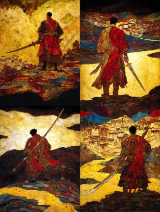 epic and solemn movie poster of the legendary tibetan king gesar. a low-angle shot from behind, focusing on the silhouette of the warrior king holding a long, elegant tibetan knife. the knife's hilt is wrapped and inlaid with symbolic patterns. he stands upon a riverbank of stacked mani stones, each stone carved with tibetan mantra. the yellow river curves into the distance under a vast, dramatic sky. distant dege-style tibetan dwellings nestle in the landscape. color palette: dark slate gray, cinnabar red, and metallic gold. texture of rough stone and polished metal.